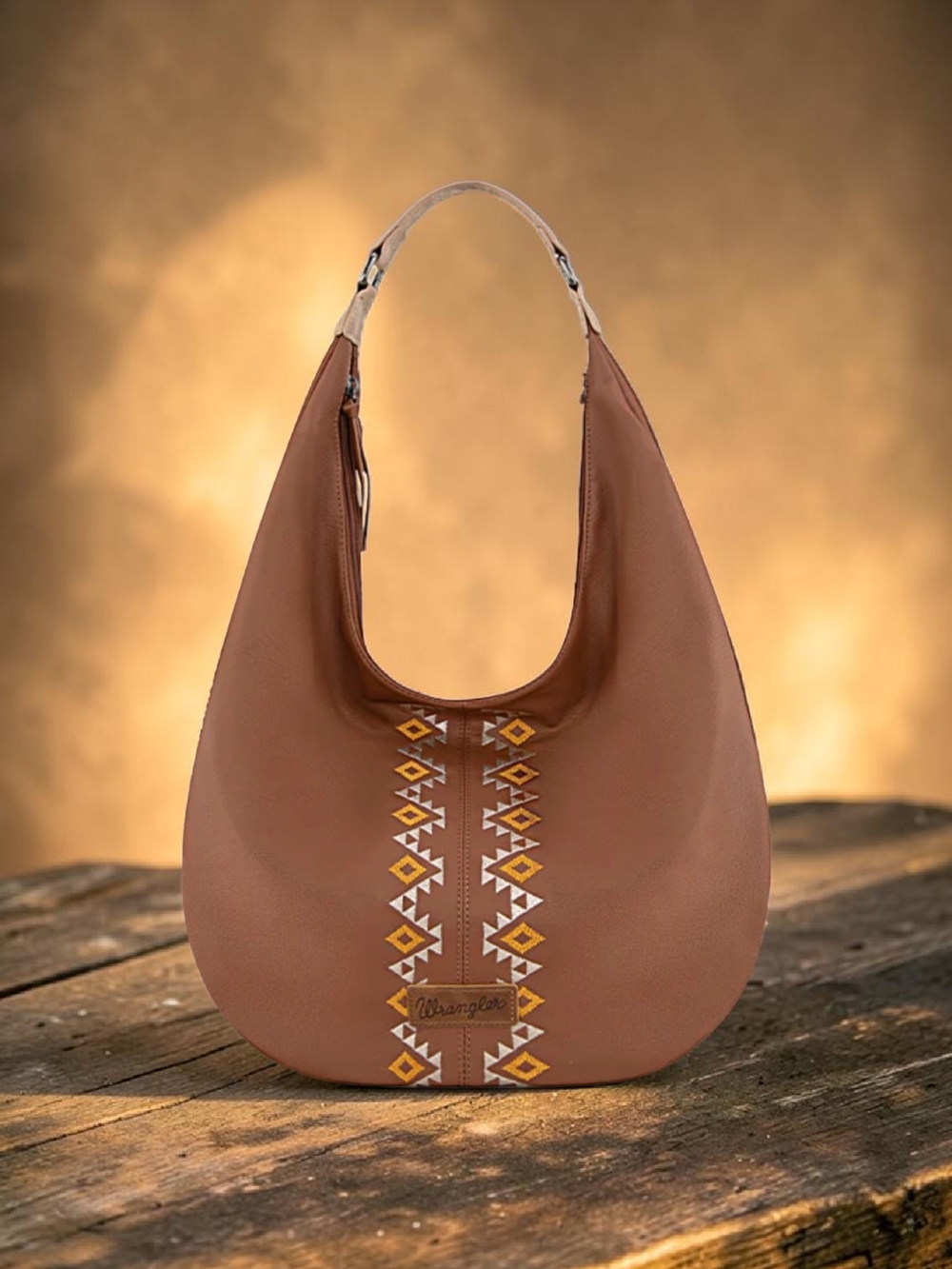 NEW Wrangler Tan Hobo Embroidery Wide Bag Yellow Aztec Trim 18"X3.5"X14.5"NWT